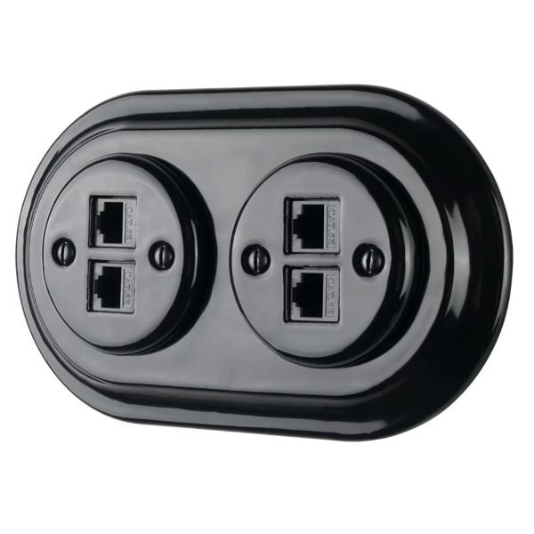 Dupla RJ45 aljzat – fekete porcelán kerettel (2×RJ45, CAT5e/CAT6)