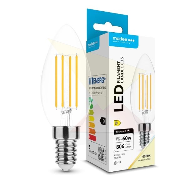 Modee LED Izzó Filament Gyertya C35 5,9W E14 360° 4000K (806 lumen) dimm. ERP