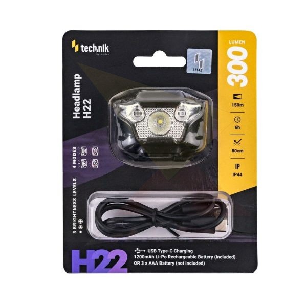 Technik Fejlámpa H22 (+1x akkupack) XPG3 LED + Type-C (300 lumen)