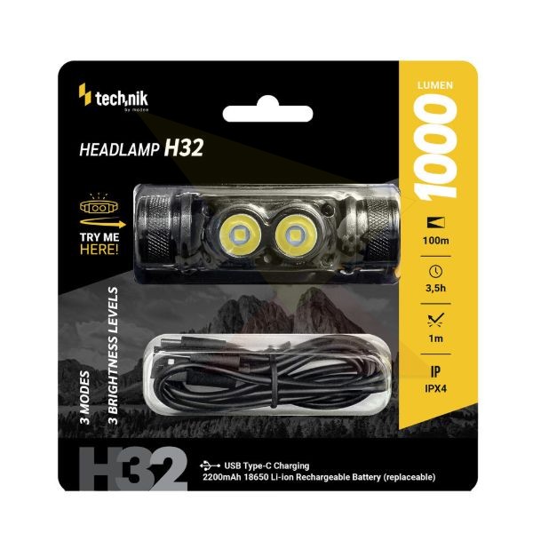 Technik Fejlámpa H32 (+1x18650) OSRAM P9 + USB-C (1000 lumen)