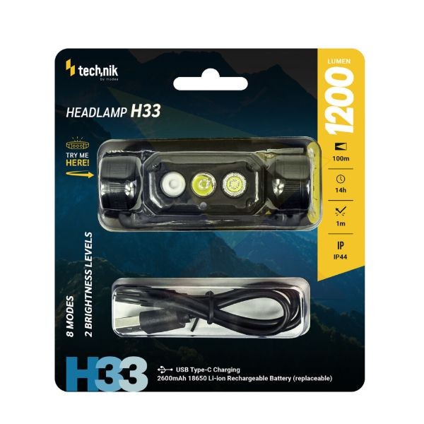 Technik Fejlámpa H33 (+1x18650) SST20 LED + USB-C (1200 lumen)