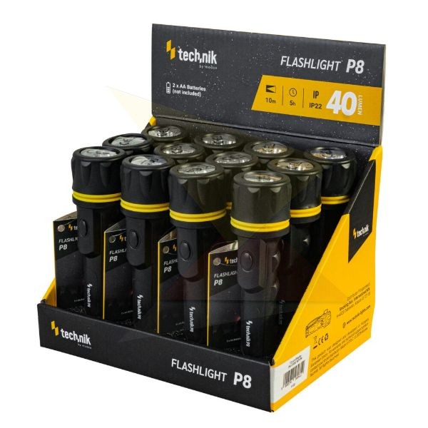 Technik Elemlámpa P8 (2xAA/nem tartozék) Gumírozott (40 lumen) 12db/display
